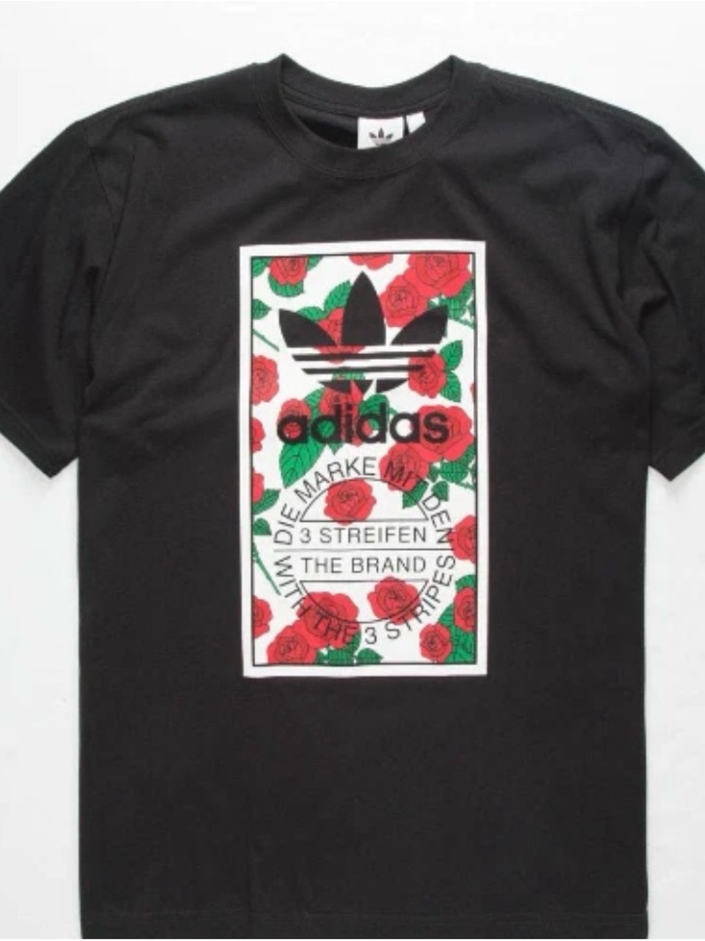 adidas Black Short-Sleeve Tee with Red Rose Graphic